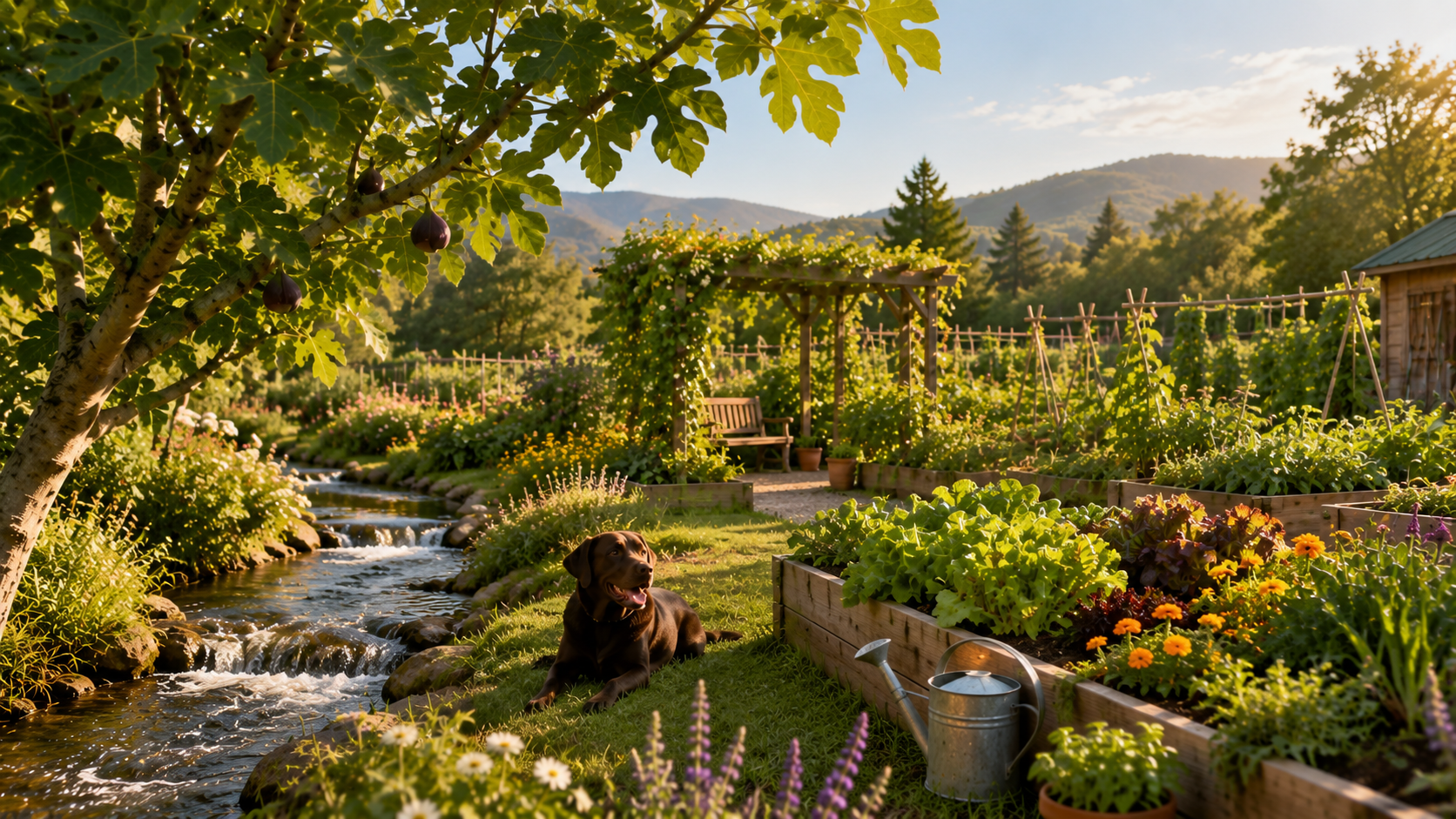A flourishing garden with vegetables, flowers, a stream, and a dog in warm sunlight.